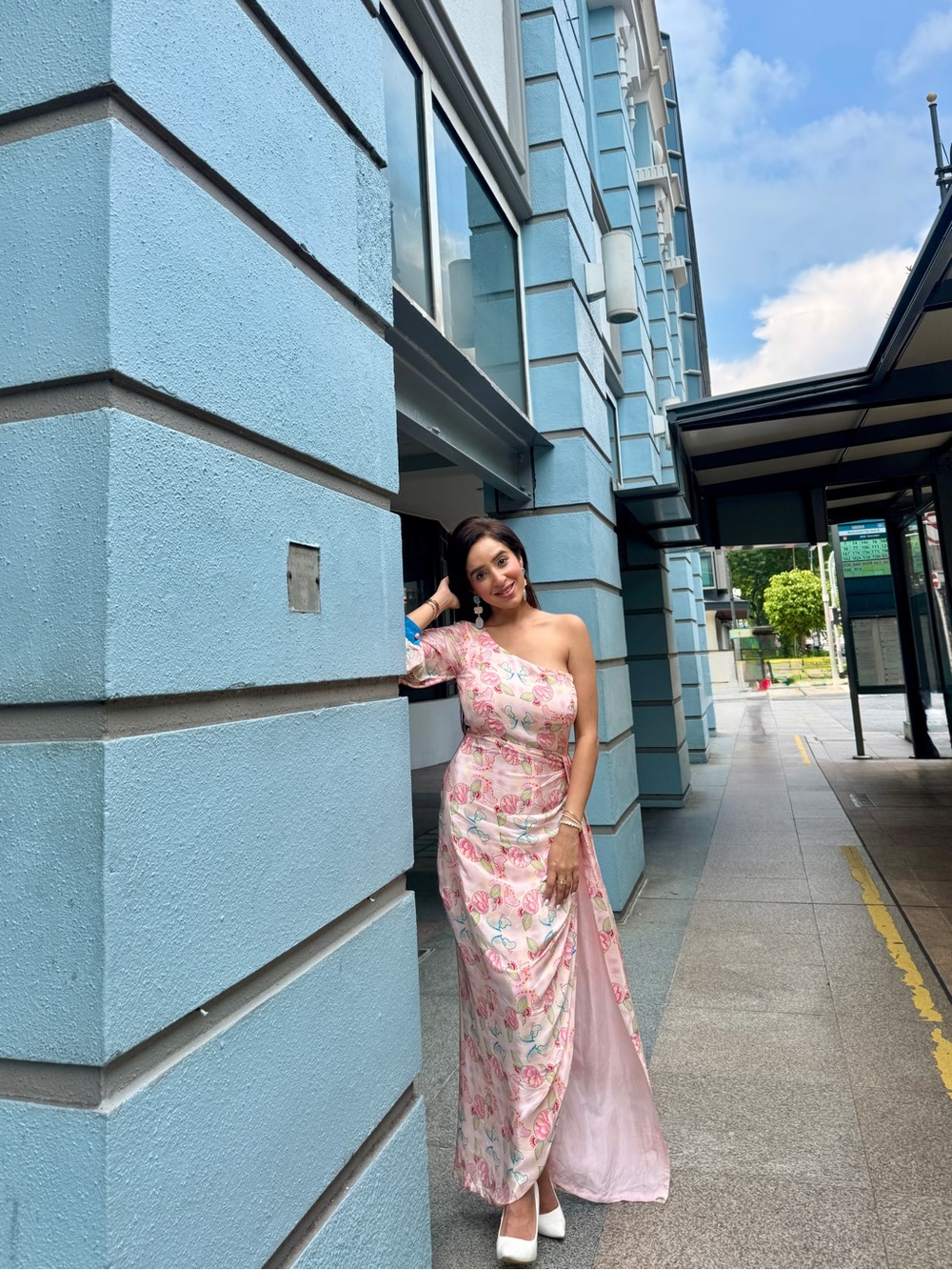 One-Shoulder Pink Floral Evening Dress
